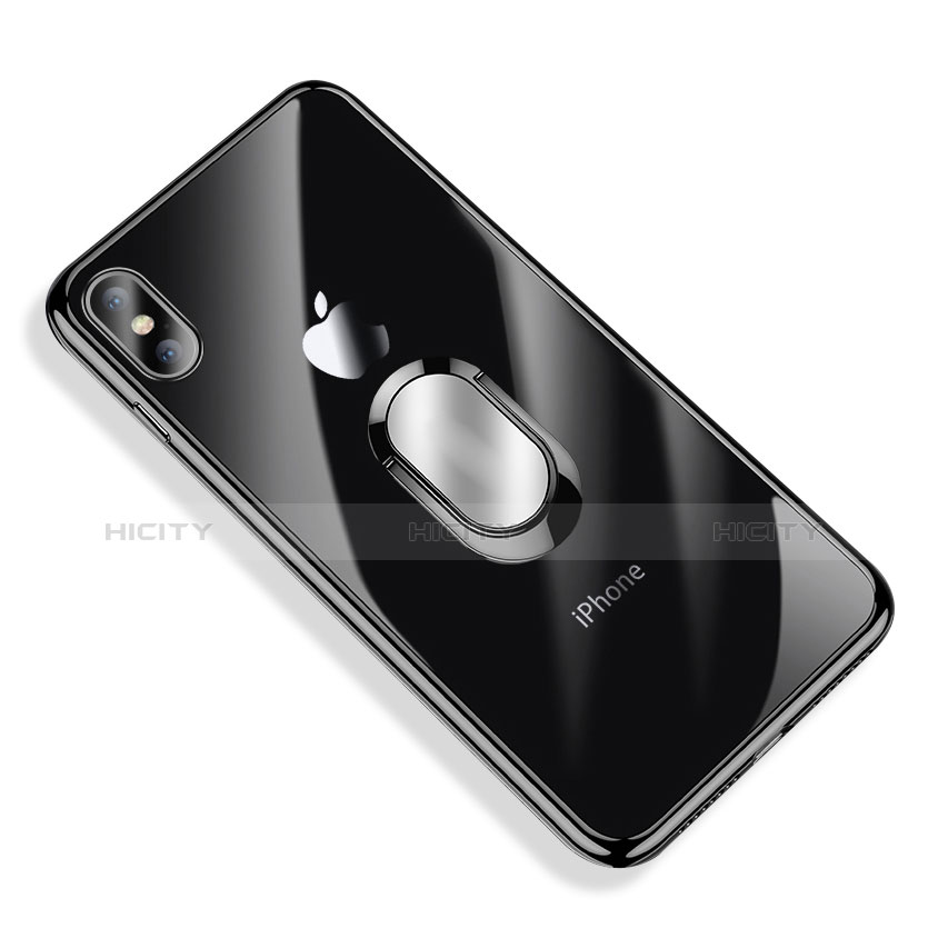 Silikon Hülle Handyhülle Ultradünn Tasche Durchsichtig Transparent mit Fingerring Ständer T01 für Apple iPhone Xs Max Schwarz