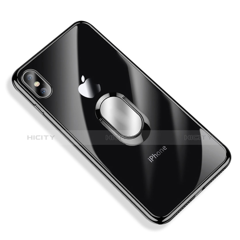 Silikon Hülle Handyhülle Ultradünn Tasche Durchsichtig Transparent mit Fingerring Ständer T01 für Apple iPhone Xs Max Schwarz Plus