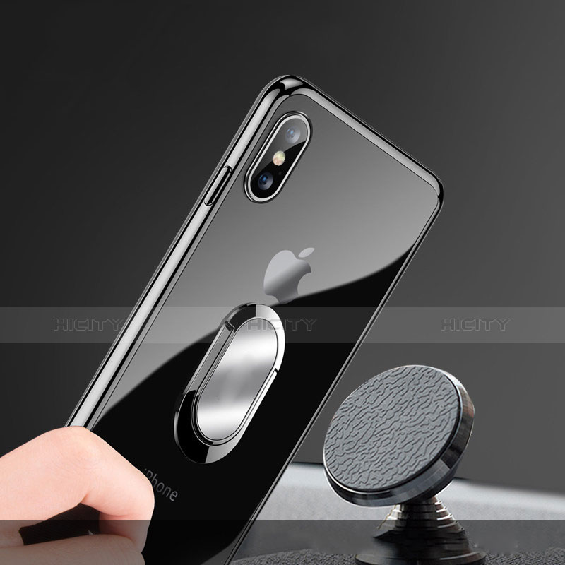 Silikon Hülle Handyhülle Ultradünn Tasche Durchsichtig Transparent mit Fingerring Ständer T01 für Apple iPhone Xs Max Schwarz