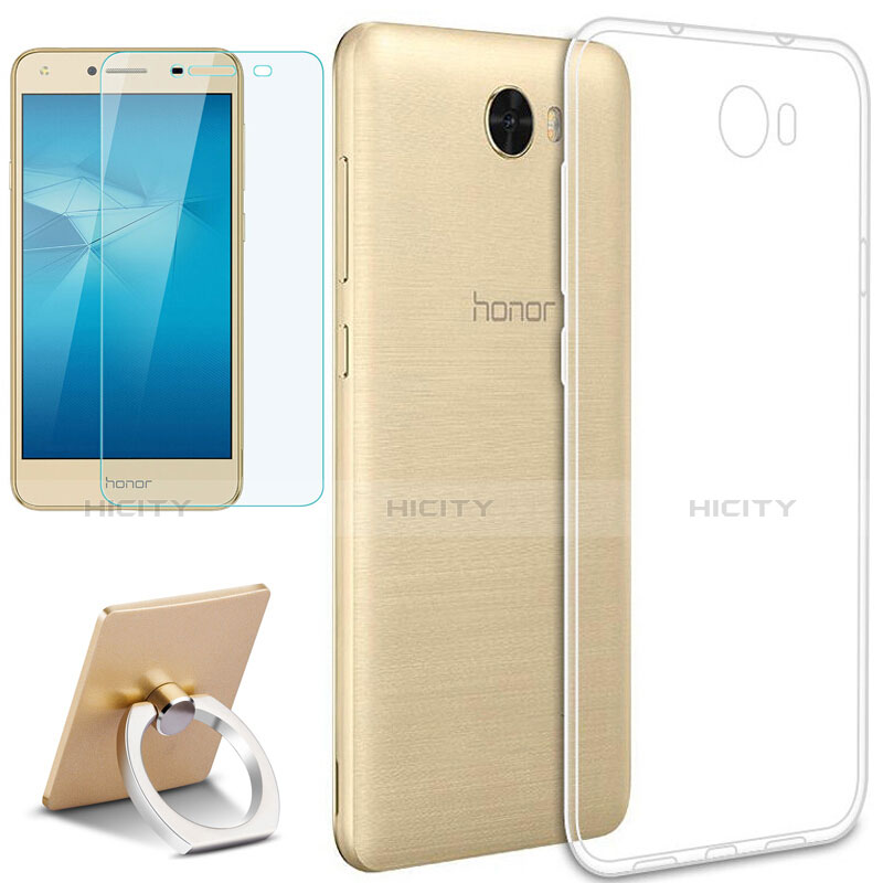 Silikon Hülle Handyhülle Ultradünn Tasche Durchsichtig Transparent mit Fingerring Ständer und Schutzfolie für Huawei Y5 II Y5 2 Klar Plus