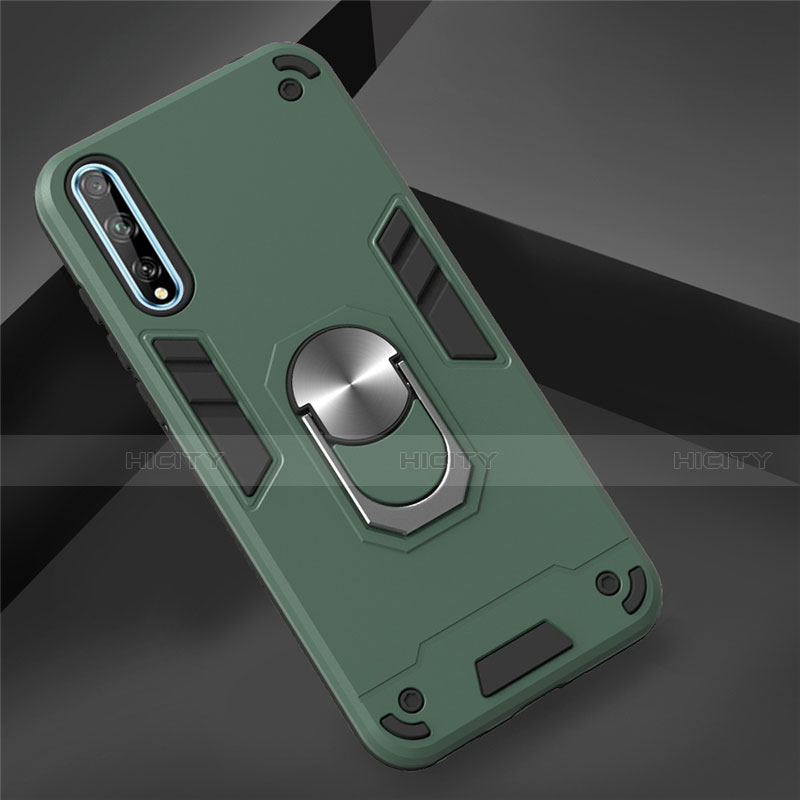 Silikon Hülle Handyhülle und Kunststoff Schutzhülle Hartschalen Tasche mit Magnetisch Fingerring Ständer für Huawei Enjoy 10S Grün Plus