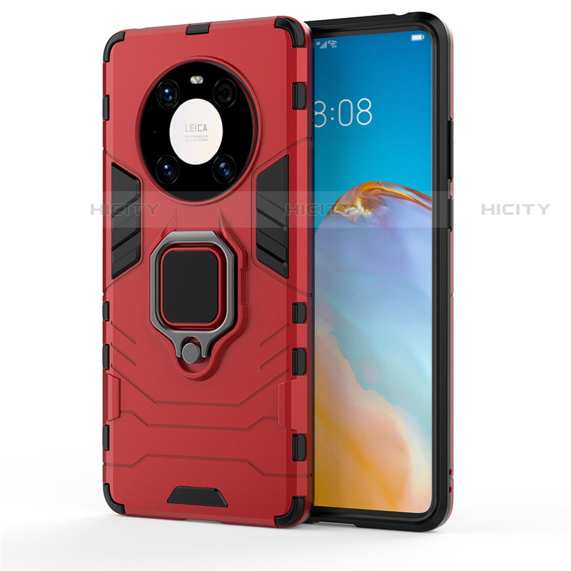 Silikon Hülle Handyhülle und Kunststoff Schutzhülle Hartschalen Tasche mit Magnetisch Fingerring Ständer für Huawei Mate 40 Rot Plus