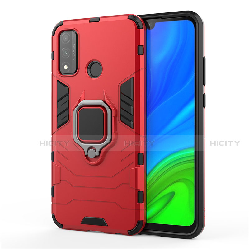 Silikon Hülle Handyhülle und Kunststoff Schutzhülle Hartschalen Tasche mit Magnetisch Fingerring Ständer für Huawei P Smart (2020) Rot
