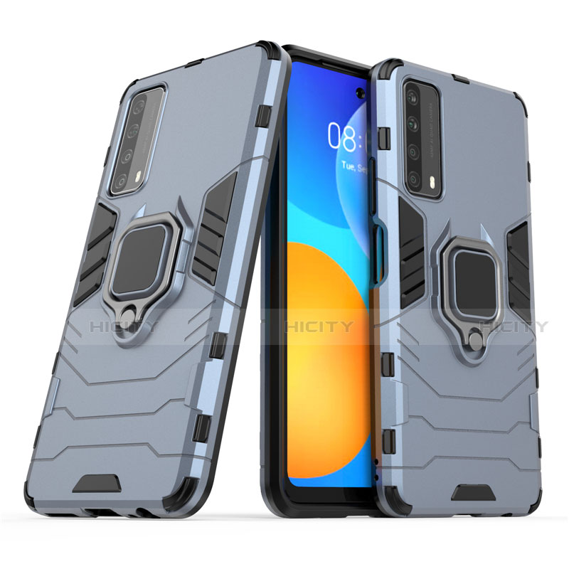 Silikon Hülle Handyhülle und Kunststoff Schutzhülle Hartschalen Tasche mit Magnetisch Fingerring Ständer für Huawei P Smart (2021)