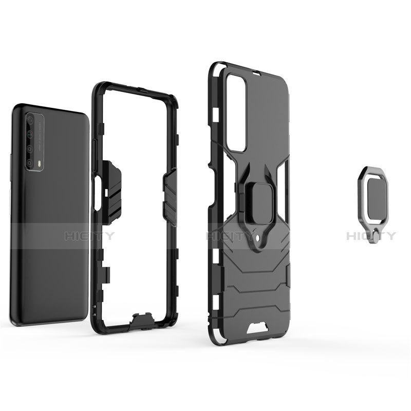 Silikon Hülle Handyhülle und Kunststoff Schutzhülle Hartschalen Tasche mit Magnetisch Fingerring Ständer für Huawei P Smart (2021)
