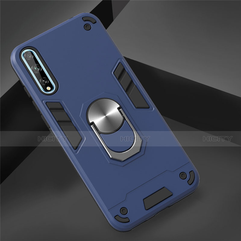 Silikon Hülle Handyhülle und Kunststoff Schutzhülle Hartschalen Tasche mit Magnetisch Fingerring Ständer für Huawei Y8p Hellblau
