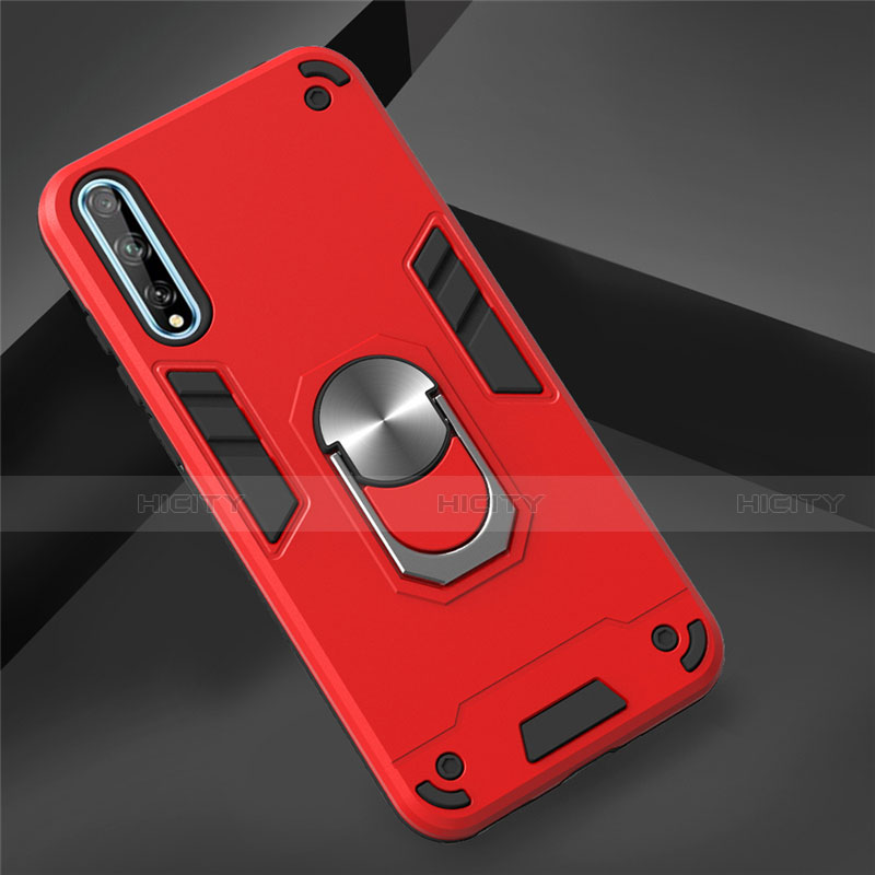 Silikon Hülle Handyhülle und Kunststoff Schutzhülle Hartschalen Tasche mit Magnetisch Fingerring Ständer für Huawei Y8p Rot