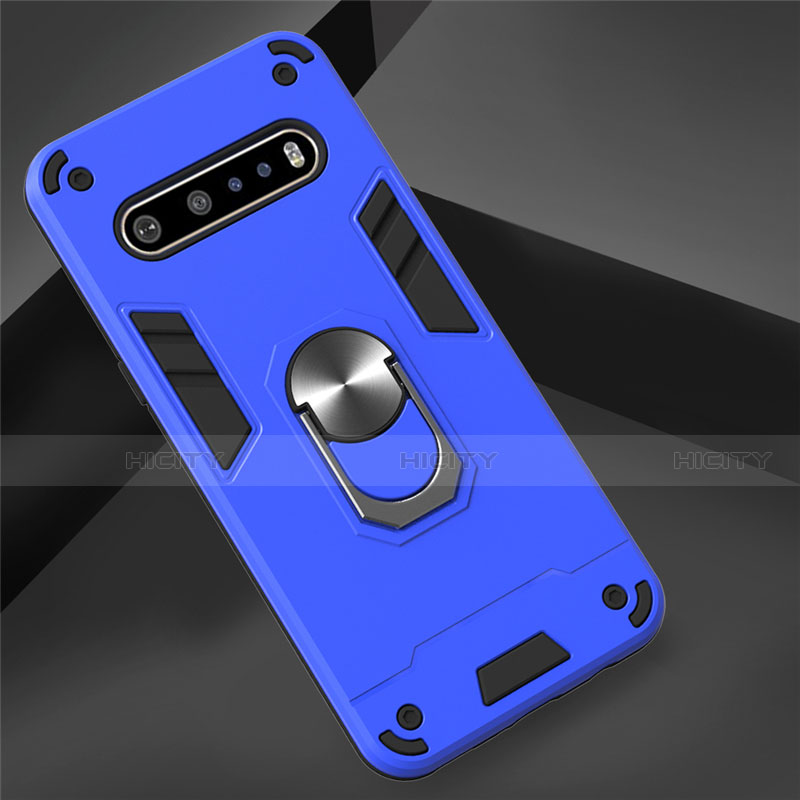 Silikon Hülle Handyhülle und Kunststoff Schutzhülle Hartschalen Tasche mit Magnetisch Fingerring Ständer für LG V60 ThinQ 5G Hellblau