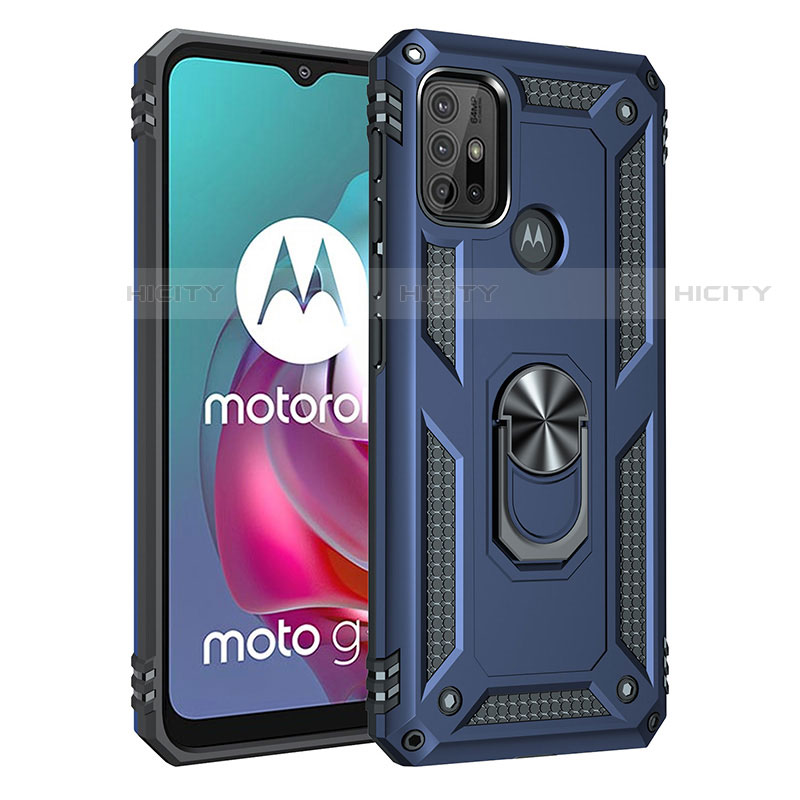 Silikon Hülle Handyhülle und Kunststoff Schutzhülle Hartschalen Tasche mit Magnetisch Fingerring Ständer für Motorola Moto G10 Power Blau Plus