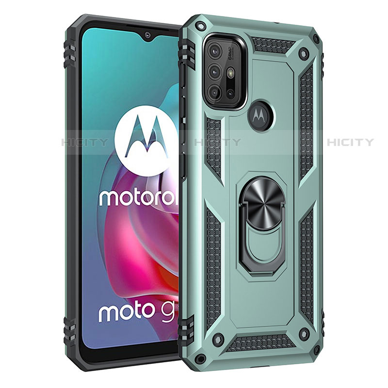 Silikon Hülle Handyhülle und Kunststoff Schutzhülle Hartschalen Tasche mit Magnetisch Fingerring Ständer für Motorola Moto G10 Power Grün