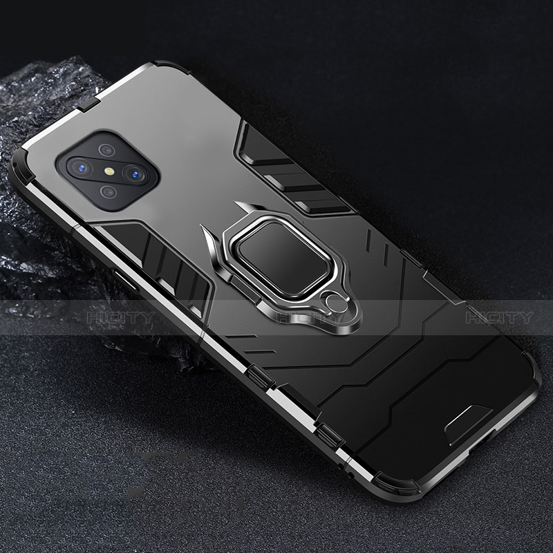 Silikon Hülle Handyhülle und Kunststoff Schutzhülle Hartschalen Tasche mit Magnetisch Fingerring Ständer für Oppo Reno4 Z 5G Schwarz