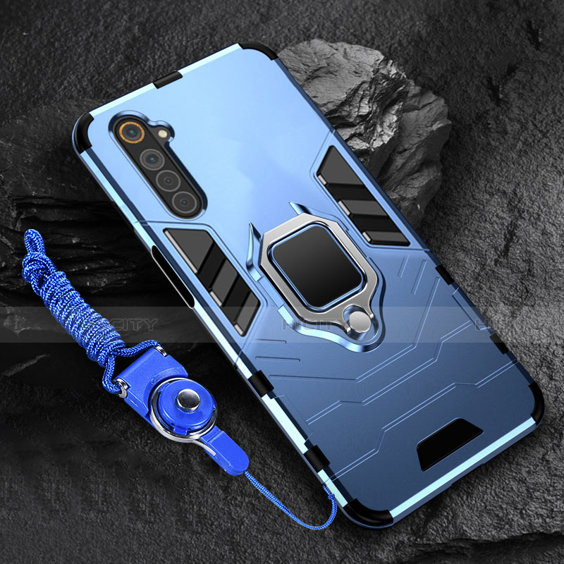 Silikon Hülle Handyhülle und Kunststoff Schutzhülle Hartschalen Tasche mit Magnetisch Fingerring Ständer für Realme 6 Blau Plus