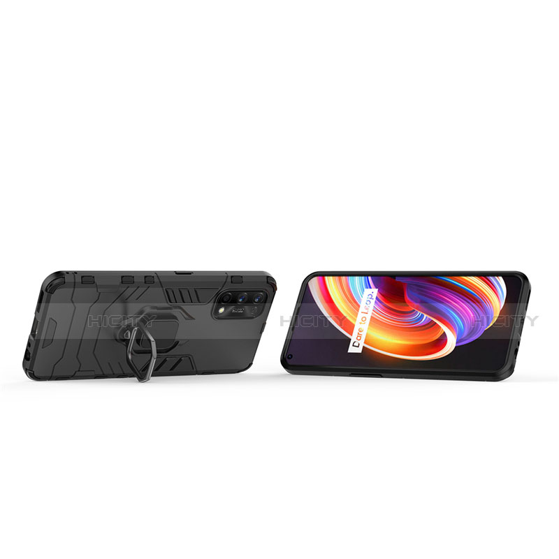 Silikon Hülle Handyhülle und Kunststoff Schutzhülle Hartschalen Tasche mit Magnetisch Fingerring Ständer für Realme 7 Pro