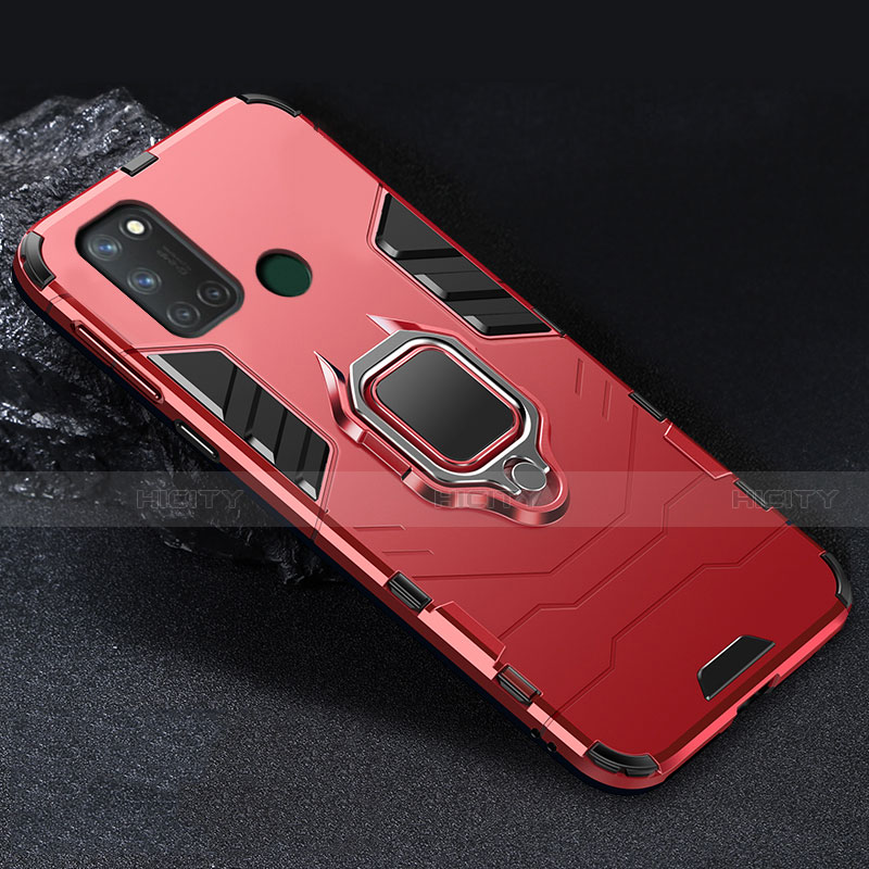 Silikon Hülle Handyhülle und Kunststoff Schutzhülle Hartschalen Tasche mit Magnetisch Fingerring Ständer für Realme C17 Rot