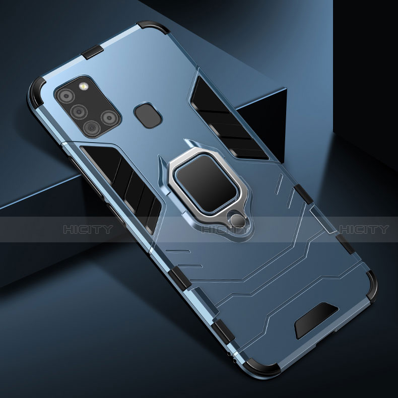Silikon Hülle Handyhülle und Kunststoff Schutzhülle Hartschalen Tasche mit Magnetisch Fingerring Ständer für Samsung Galaxy A21s groß