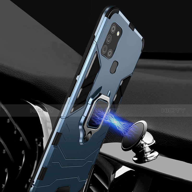 Silikon Hülle Handyhülle und Kunststoff Schutzhülle Hartschalen Tasche mit Magnetisch Fingerring Ständer für Samsung Galaxy A21s