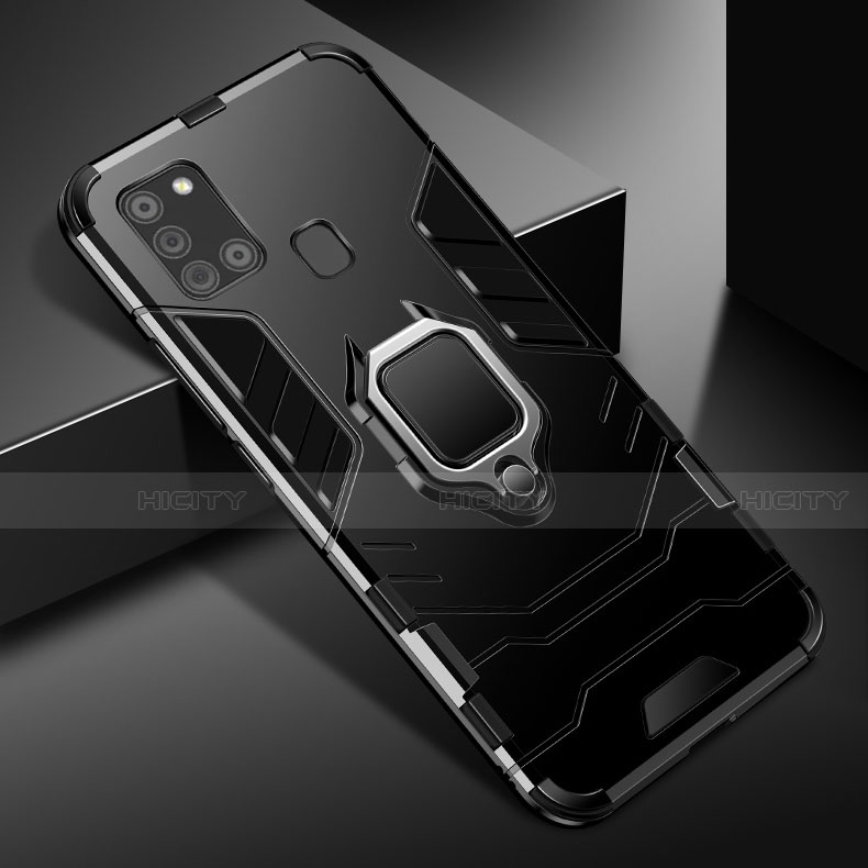 Silikon Hülle Handyhülle und Kunststoff Schutzhülle Hartschalen Tasche mit Magnetisch Fingerring Ständer für Samsung Galaxy A21s Schwarz Plus