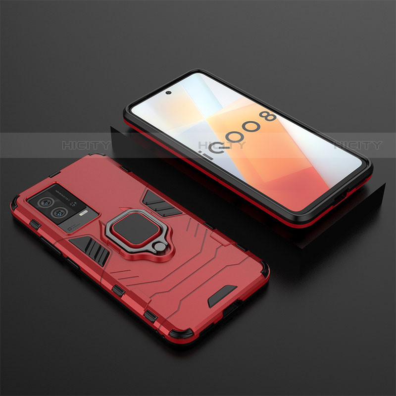 Silikon Hülle Handyhülle und Kunststoff Schutzhülle Hartschalen Tasche mit Magnetisch Fingerring Ständer für Vivo iQOO 8 5G Rot Plus