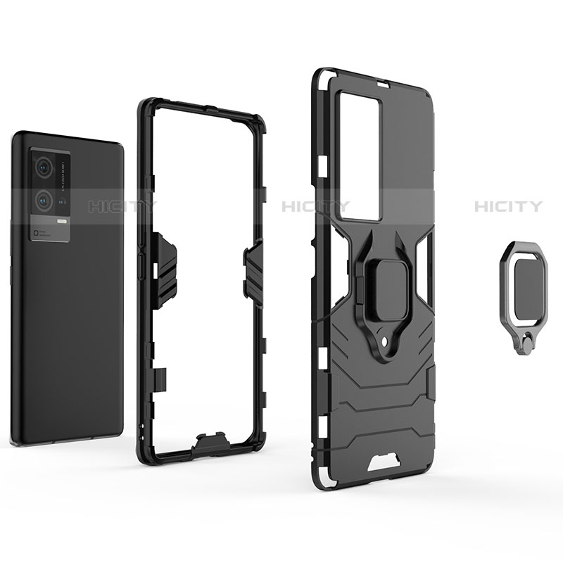 Silikon Hülle Handyhülle und Kunststoff Schutzhülle Hartschalen Tasche mit Magnetisch Fingerring Ständer für Vivo iQOO 8 Pro 5G groß