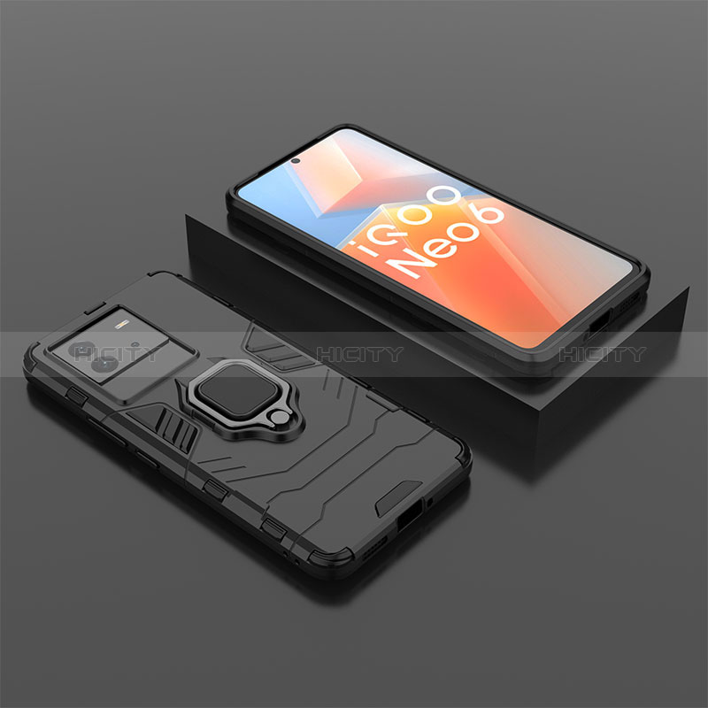 Silikon Hülle Handyhülle und Kunststoff Schutzhülle Hartschalen Tasche mit Magnetisch Fingerring Ständer für Vivo iQOO Neo6 SE 5G