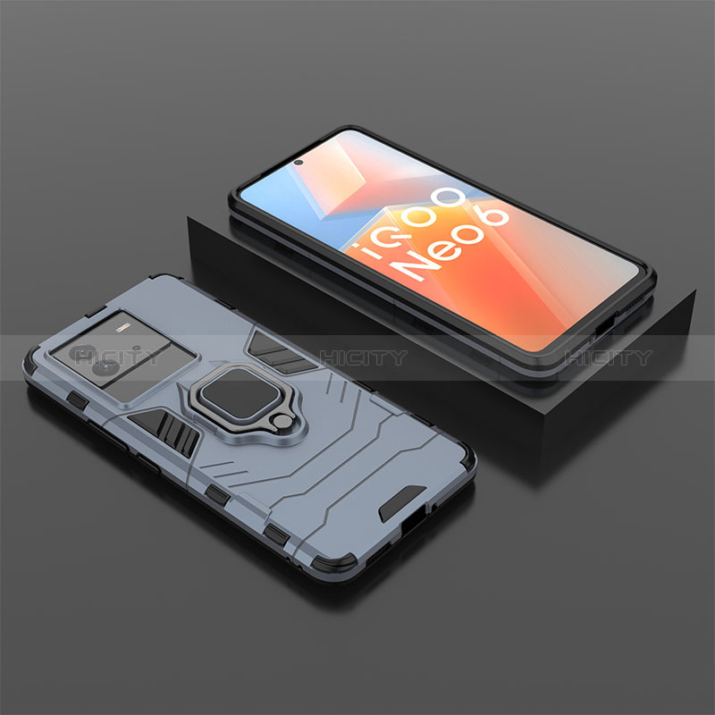 Silikon Hülle Handyhülle und Kunststoff Schutzhülle Hartschalen Tasche mit Magnetisch Fingerring Ständer für Vivo iQOO Neo6 SE 5G Blau