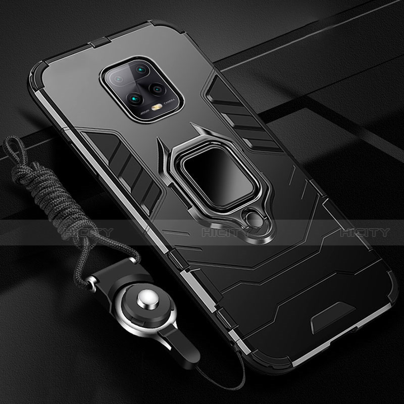 Silikon Hülle Handyhülle und Kunststoff Schutzhülle Hartschalen Tasche mit Magnetisch Fingerring Ständer für Xiaomi Redmi 10X 5G Schwarz Plus