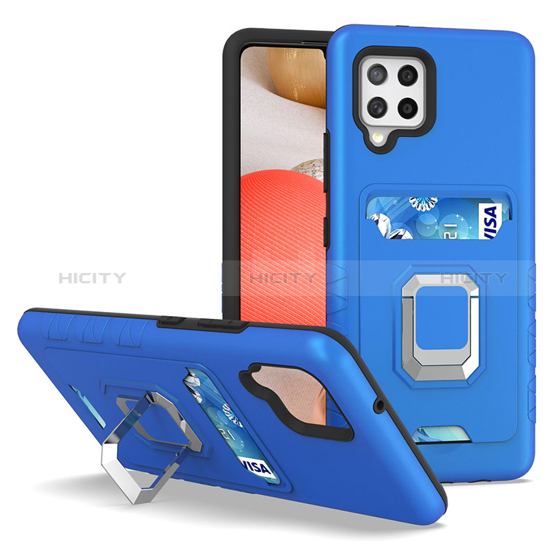 Silikon Hülle Handyhülle und Kunststoff Schutzhülle Hartschalen Tasche mit Magnetisch Fingerring Ständer J03S für Samsung Galaxy A42 5G Blau Plus