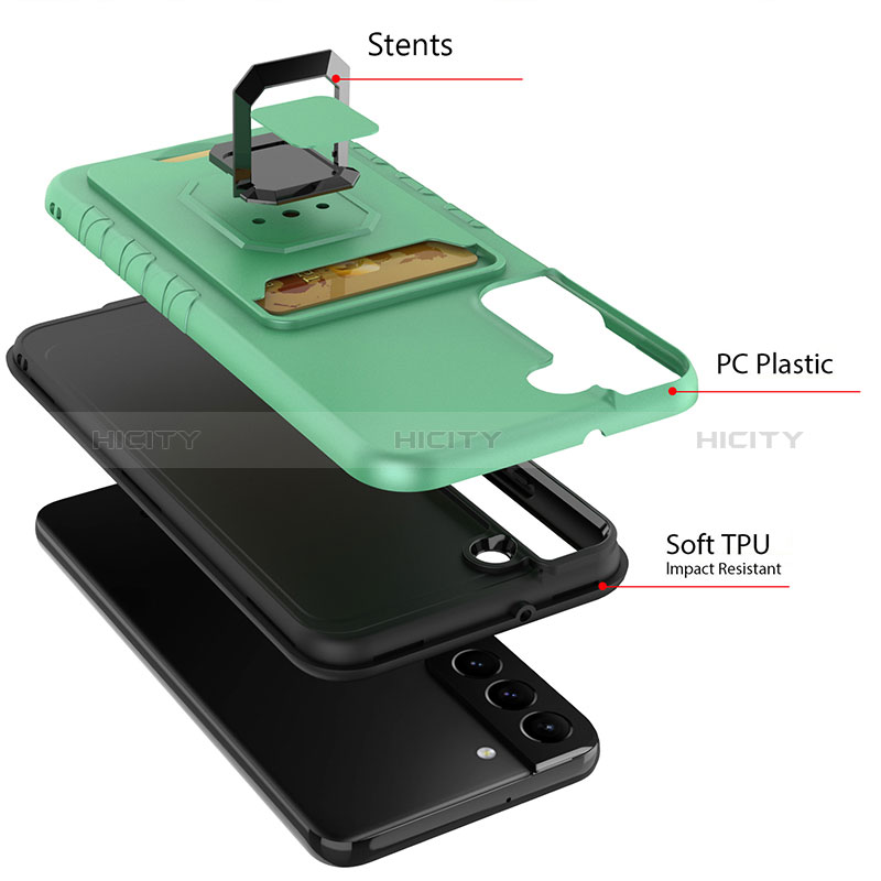 Silikon Hülle Handyhülle und Kunststoff Schutzhülle Hartschalen Tasche mit Magnetisch Fingerring Ständer J03S für Samsung Galaxy S22 5G