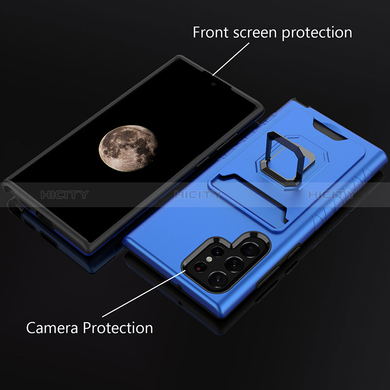 Silikon Hülle Handyhülle und Kunststoff Schutzhülle Hartschalen Tasche mit Magnetisch Fingerring Ständer J03S für Samsung Galaxy S22 Ultra 5G
