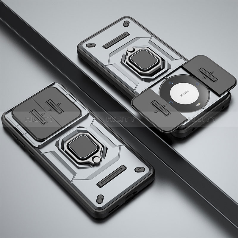 Silikon Hülle Handyhülle und Kunststoff Schutzhülle Hartschalen Tasche mit Magnetisch Fingerring Ständer K1C für Huawei Mate 60 Pro