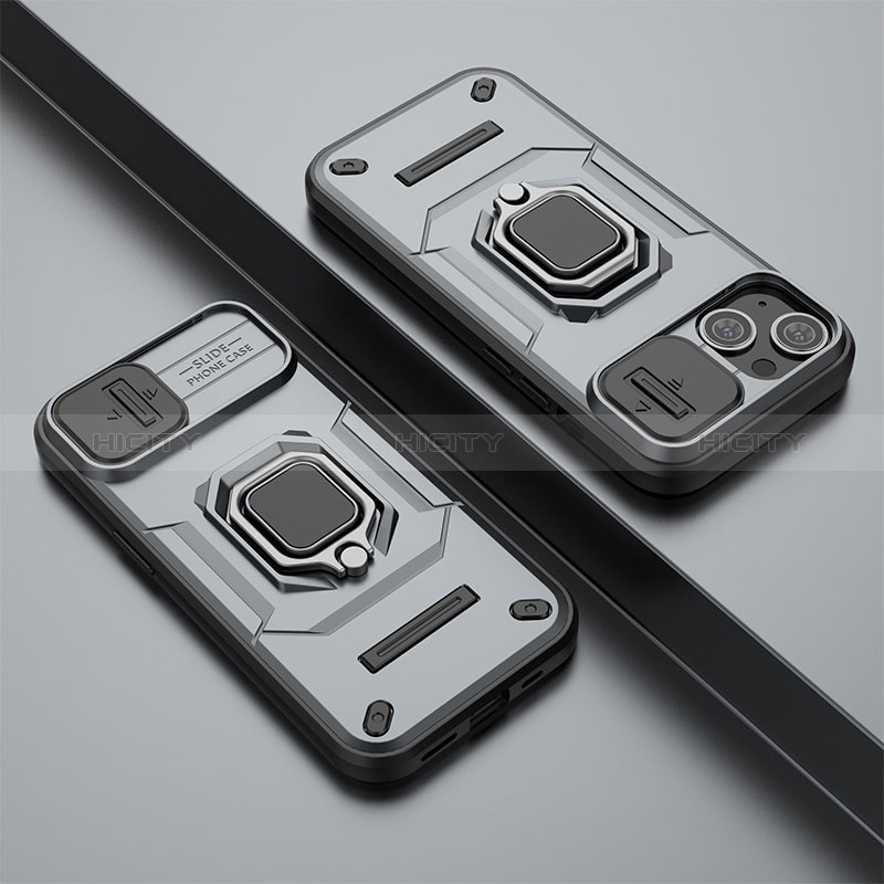 Silikon Hülle Handyhülle und Kunststoff Schutzhülle Hartschalen Tasche mit Magnetisch Fingerring Ständer KC4 für Apple iPhone 13 Grau Plus