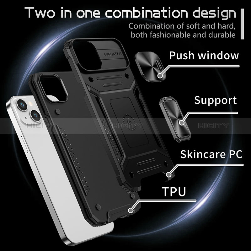 Silikon Hülle Handyhülle und Kunststoff Schutzhülle Hartschalen Tasche mit Magnetisch Fingerring Ständer KC8 für Apple iPhone 14 groß