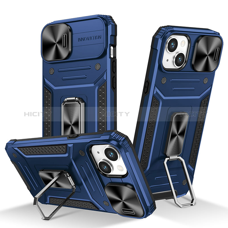Silikon Hülle Handyhülle und Kunststoff Schutzhülle Hartschalen Tasche mit Magnetisch Fingerring Ständer KC8 für Apple iPhone 14 Blau Plus