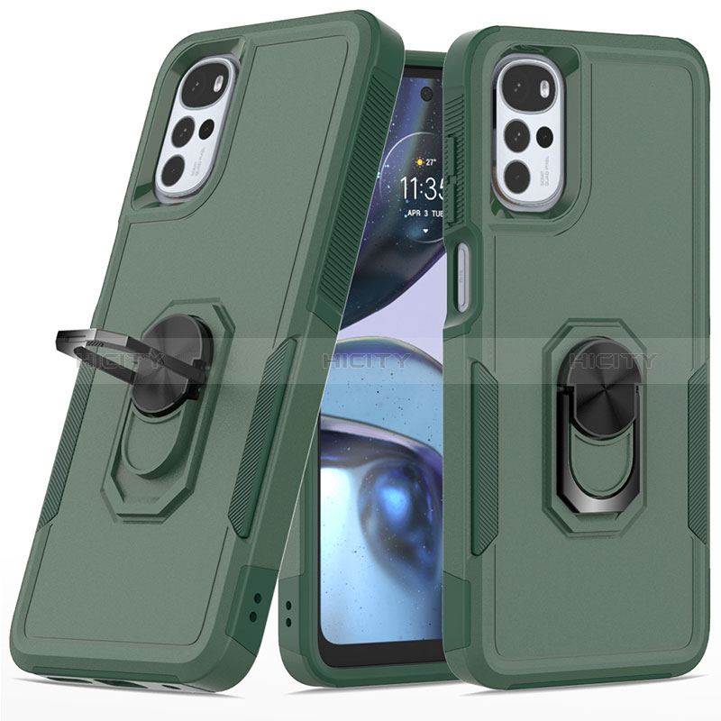Silikon Hülle Handyhülle und Kunststoff Schutzhülle Hartschalen Tasche mit Magnetisch Fingerring Ständer MQ1 für Motorola Moto G22 Nachtgrün