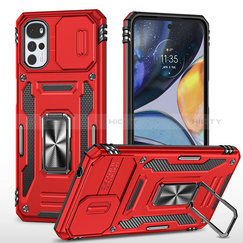 Silikon Hülle Handyhülle und Kunststoff Schutzhülle Hartschalen Tasche mit Magnetisch Fingerring Ständer MQ2 für Motorola Moto G22 Rot