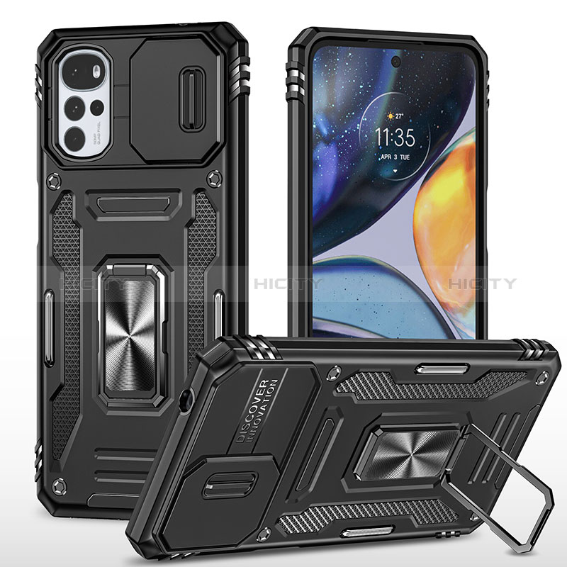 Silikon Hülle Handyhülle und Kunststoff Schutzhülle Hartschalen Tasche mit Magnetisch Fingerring Ständer MQ2 für Motorola Moto G22 Schwarz Plus