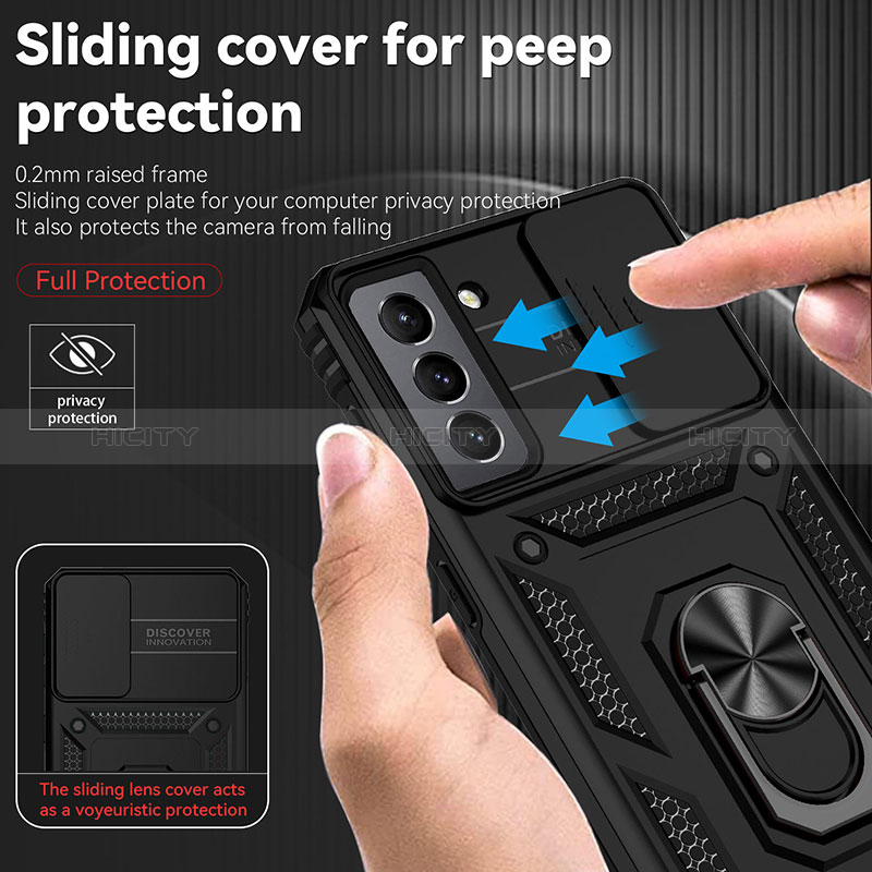 Silikon Hülle Handyhülle und Kunststoff Schutzhülle Hartschalen Tasche mit Magnetisch Fingerring Ständer MQ6 für Samsung Galaxy S21 FE 5G