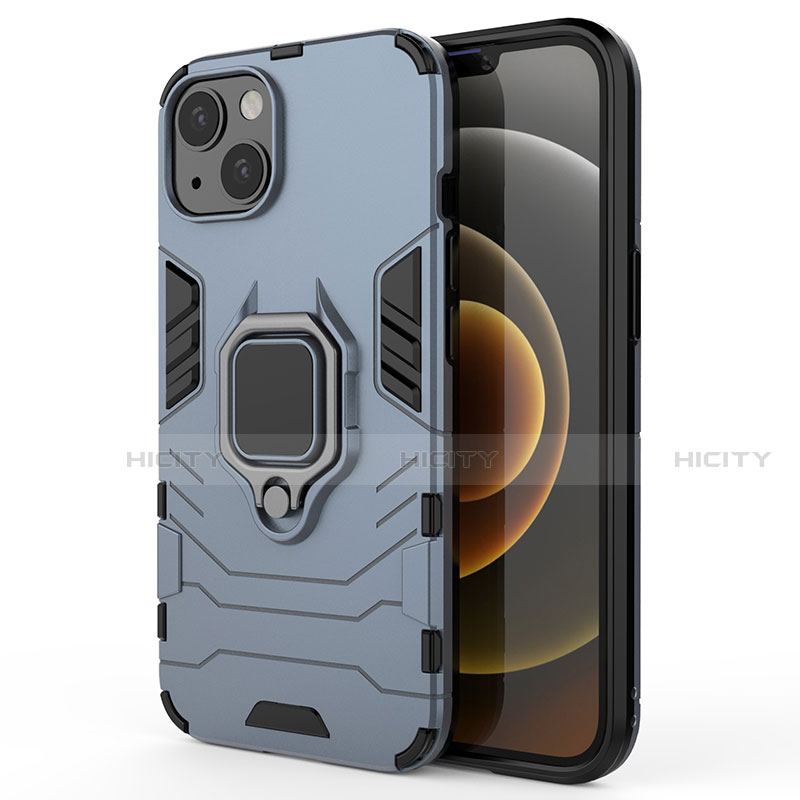 Silikon Hülle Handyhülle und Kunststoff Schutzhülle Hartschalen Tasche mit Magnetisch Fingerring Ständer S01 für Apple iPhone 14 Plus Blau Plus