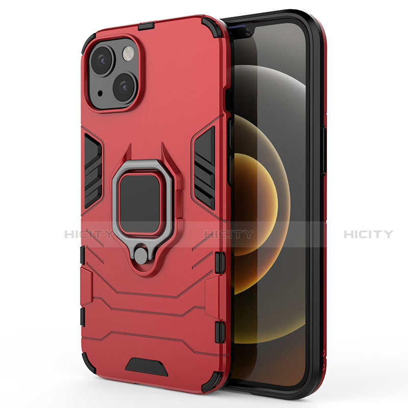 Silikon Hülle Handyhülle und Kunststoff Schutzhülle Hartschalen Tasche mit Magnetisch Fingerring Ständer S01 für Apple iPhone 14 Rot