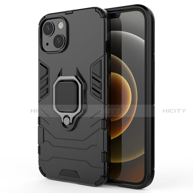 Silikon Hülle Handyhülle und Kunststoff Schutzhülle Hartschalen Tasche mit Magnetisch Fingerring Ständer S01 für Apple iPhone 14 Schwarz Plus