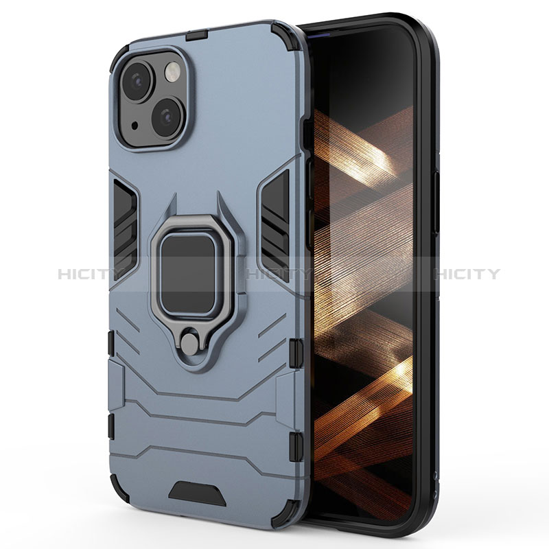 Silikon Hülle Handyhülle und Kunststoff Schutzhülle Hartschalen Tasche mit Magnetisch Fingerring Ständer S01 für Apple iPhone 15 Plus Blau Plus