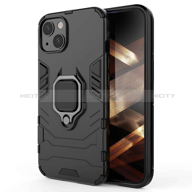 Silikon Hülle Handyhülle und Kunststoff Schutzhülle Hartschalen Tasche mit Magnetisch Fingerring Ständer S01 für Apple iPhone 15 Plus Schwarz Plus