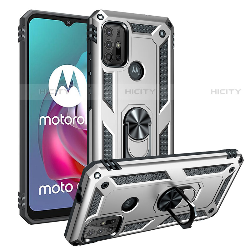 Silikon Hülle Handyhülle und Kunststoff Schutzhülle Hartschalen Tasche mit Magnetisch Fingerring Ständer S01 für Motorola Moto G10 Power