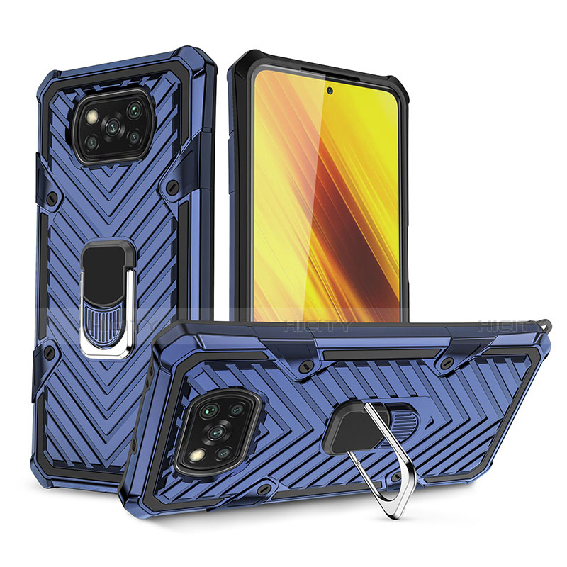 Silikon Hülle Handyhülle und Kunststoff Schutzhülle Hartschalen Tasche mit Magnetisch Fingerring Ständer S01 für Xiaomi Poco X3 Pro Blau Plus