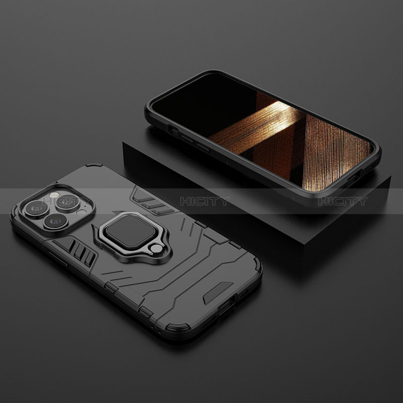 Silikon Hülle Handyhülle und Kunststoff Schutzhülle Hartschalen Tasche mit Magnetisch Fingerring Ständer S02 für Apple iPhone 14 Pro Schwarz