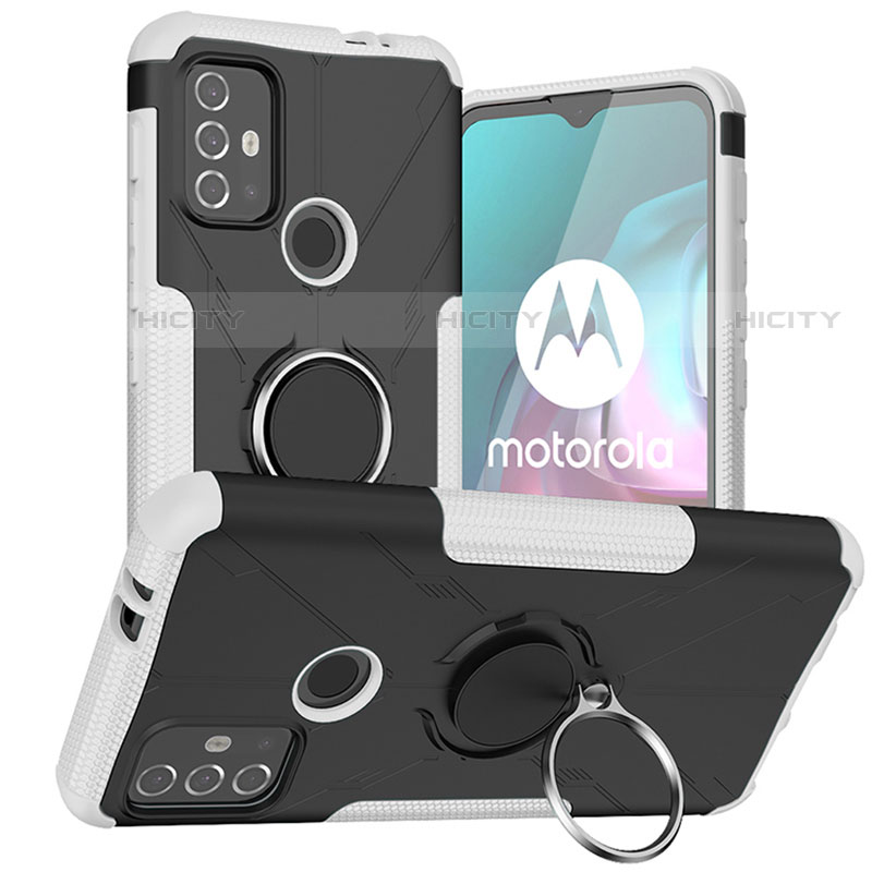 Silikon Hülle Handyhülle und Kunststoff Schutzhülle Hartschalen Tasche mit Magnetisch Fingerring Ständer S02 für Motorola Moto G10