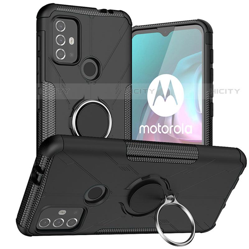 Silikon Hülle Handyhülle und Kunststoff Schutzhülle Hartschalen Tasche mit Magnetisch Fingerring Ständer S02 für Motorola Moto G10 Power Schwarz