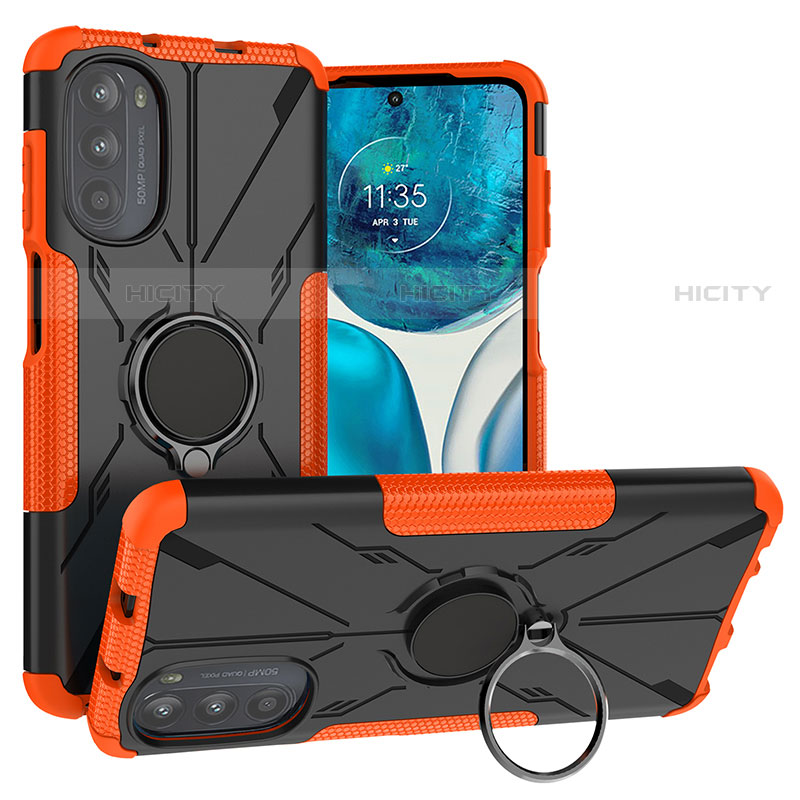 Silikon Hülle Handyhülle und Kunststoff Schutzhülle Hartschalen Tasche mit Magnetisch Fingerring Ständer S02 für Motorola MOTO G52 Orange Plus