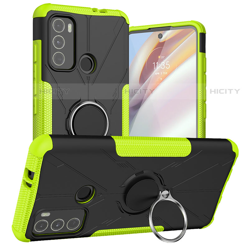 Silikon Hülle Handyhülle und Kunststoff Schutzhülle Hartschalen Tasche mit Magnetisch Fingerring Ständer S02 für Motorola Moto G60 groß