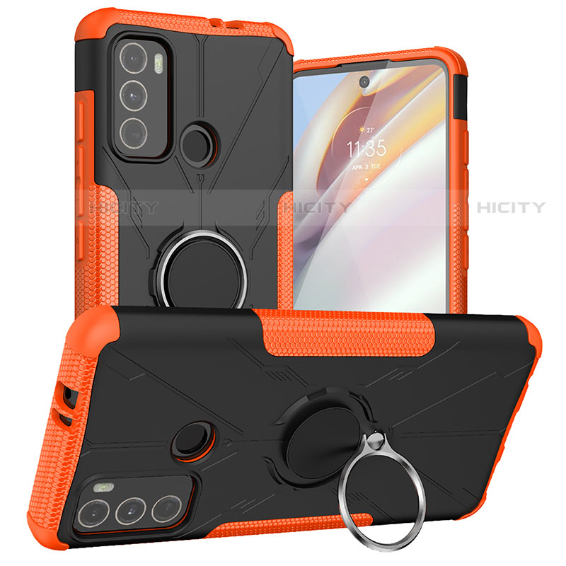 Silikon Hülle Handyhülle und Kunststoff Schutzhülle Hartschalen Tasche mit Magnetisch Fingerring Ständer S02 für Motorola Moto G60 groß